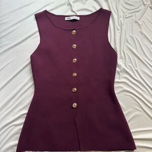 Zara Wine Purple Sleeveless Fitted Button Vest Tank Top Size S